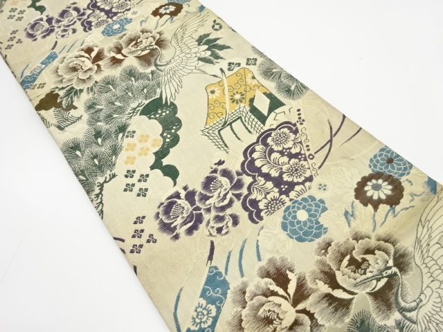 アンティーク　鶴に桧扇・牡丹・松模様織り出し丸帯（材料）